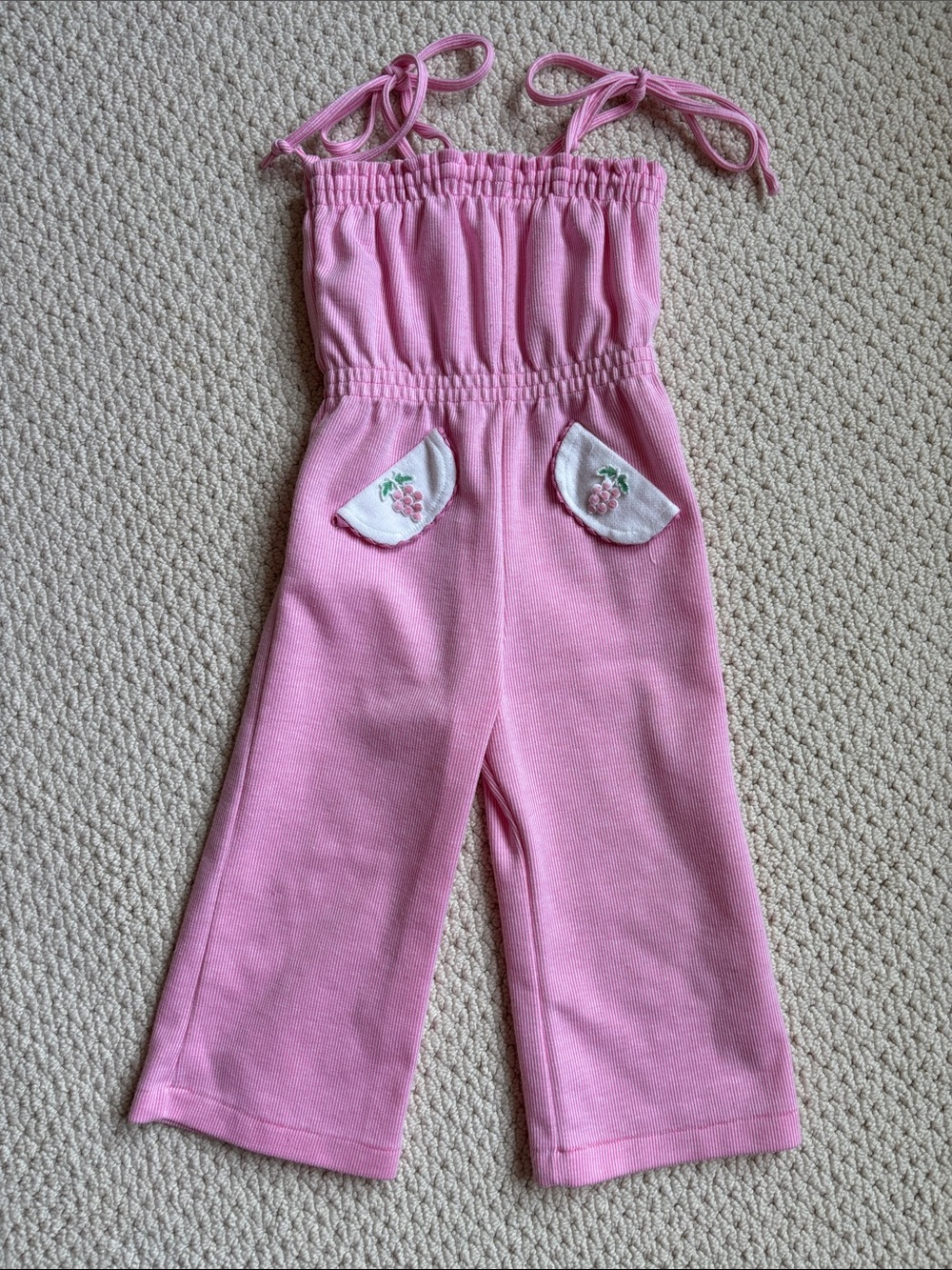 Vintage Carter’s Retro Tie-Shoulder Jumpsuit with Embroidered Pockets 70s